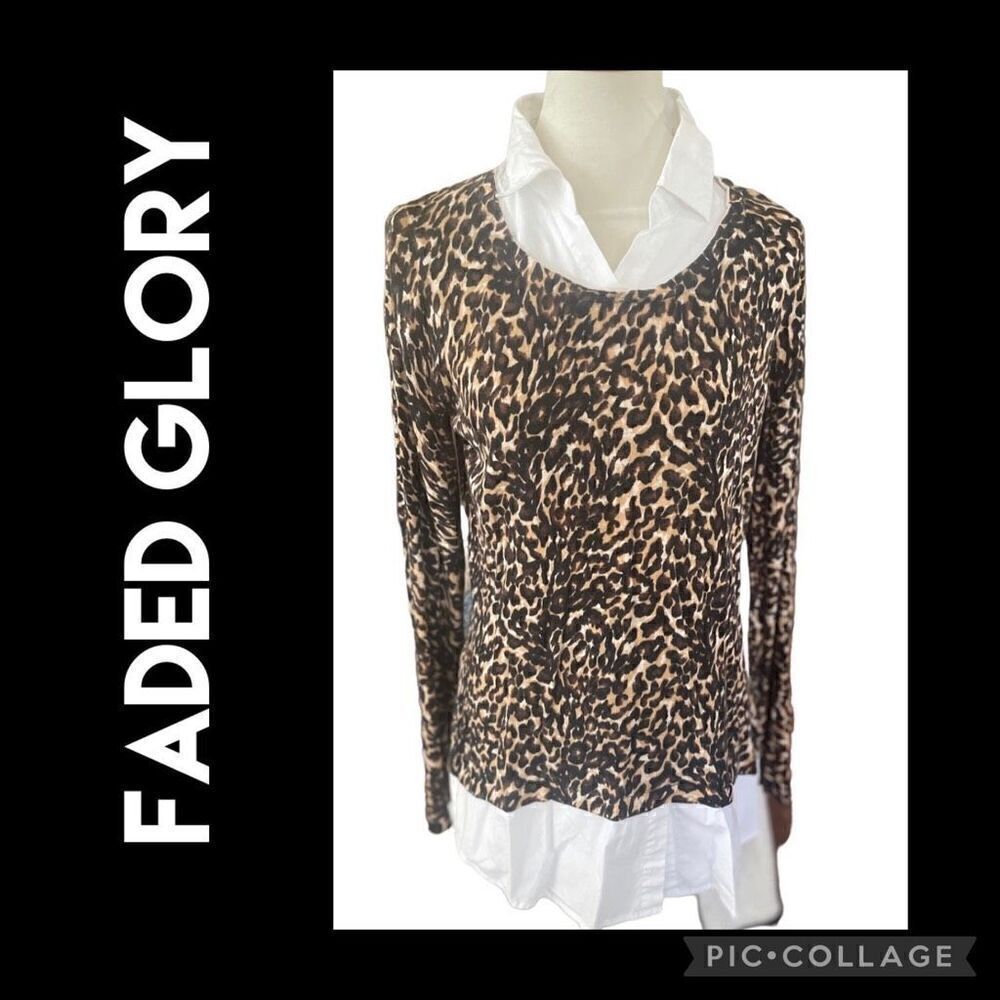 Faded Glory Animal Print Full Collar Lightweight Long Sleeve Blouse Size Large-E